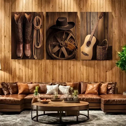 3pcs Cowboy Hat & Boots, Frameless Wall Art Set Canvas Framed 50x70cm - High Quality Print 100% Australian Made Wall Canvas Ready to Hang - Bella Home Decor