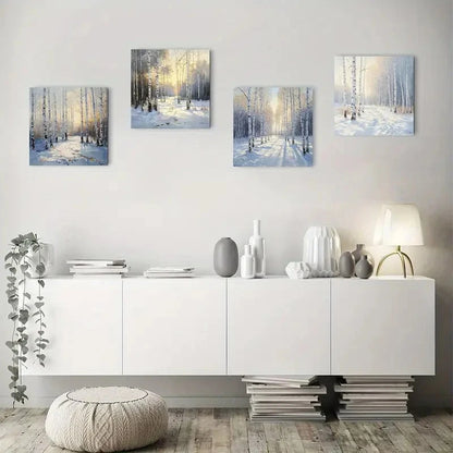 4pcs Sunrise Birch Tree Forest Scenery Wall Art Canvas Framed