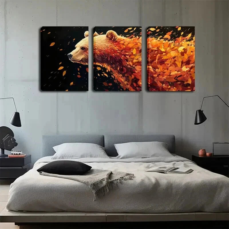 3pcs Modern Bear & Autumn Leaves Décor Perfect Wall Art Set Canvas Framed 50x70cm - High Quality Print 100% Australian Made Wall Canvas Ready to Hang - Bella Home Decor