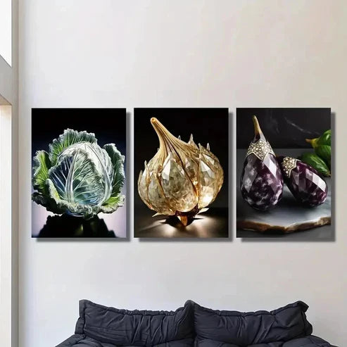 3pcs Cabbage Crystal Garlic Eggplant Wall Art Canvas Unframed - High Quality Print 100% Australian Made Wall Canvas - Bella Home Decor