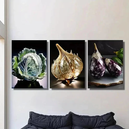 3pcs Cabbage Crystal Garlic Eggplant Wall Art Canvas Unframed - High Quality Print 100% Australian Made Wall Canvas - Bella Home Decor
