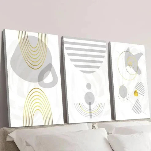 3pcs Abstract Gray and Retro Golden Lines Wall Art Canvas Unframed – High Quality Print 100% Australian Made Wall Canvas - Bella Home Decor