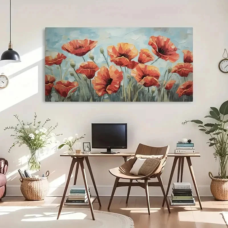 Red Poppies Contemporary Décorc Wall Art Canvas Office Home Room Framed 120x60cm - Bella Home Decor