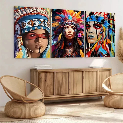 3pcs Aboriginal Chief Portrait Beauty Elegant Wall Art Set Canvas Unframed - High Quality Print 100% Australian Made Wall Canvas