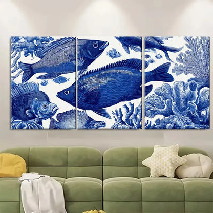 3pcs Marine Life Illustration Beach House   Wall Art Set Canvas Framed 60x90cm - High Quality Print 100% Australian Made Wall Canvas Ready to Hang