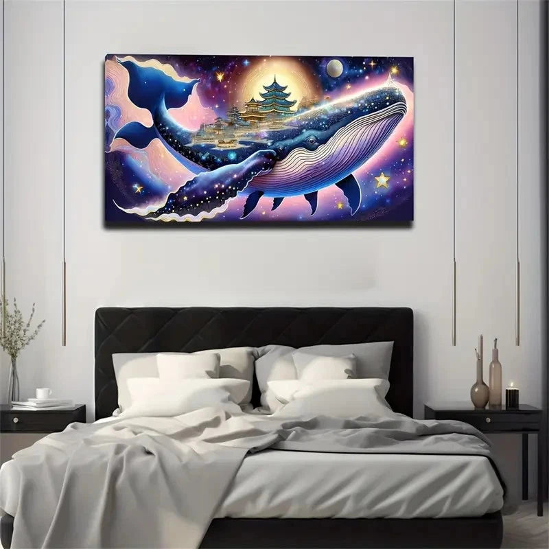 Whimsical Whale & Eastern Temp Wall Art Canvas Office Home Room Framed 120x60cm