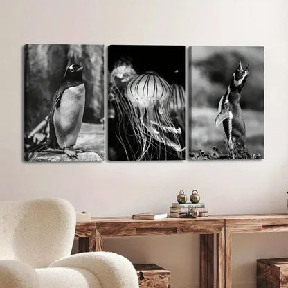 3pcs Vintage Black Animal Penguin Jellyfish Dark Wall Art Set Canvas Unframed - High Quality Print 100% Australian Made Wall Canvas