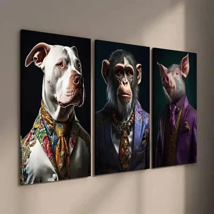 3pcs Bulldog Monkey Pig Wearing Clothes Wall Art Set Canvas Unframed - High Quality Print 100% Australian Made Wall Canvas