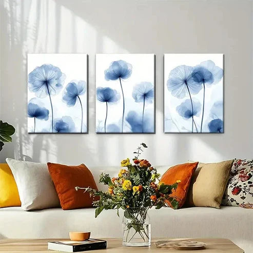3pcs Elegant Blue Floral Minimalist Soft Perfect Wall Art Canvas Unframed - High Quality Print 100% Australian Made Wall Canvas