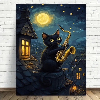 Beautiful Moonlit Jazz Night Cat Black Painting 40x60cm Metal Print Ready to Hang - Bella Home Decor