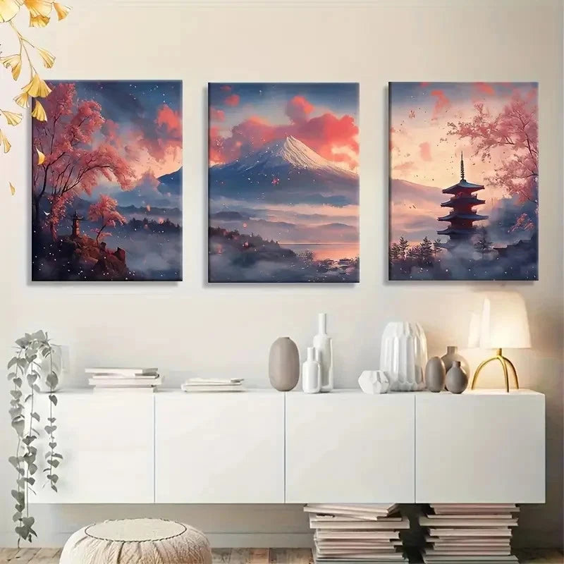 3pcs Japanese Mount Fuji Cherry Blossom Scenery Metal Print Ready to Hang Art