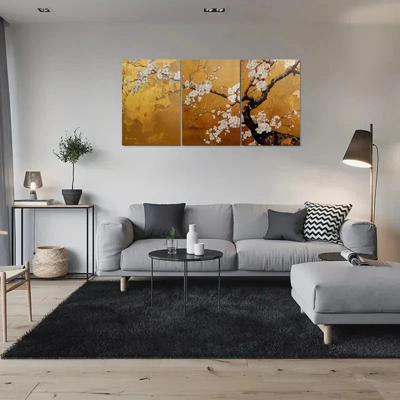 3pcs Golden White Cherry Blossom Metal Print Ready to Hang Art - Bella Home Decor