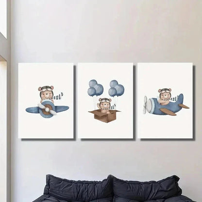3pcs Bear Flying a Plane in the Sky Wall Art Set Canvas Framed 60x90cm - High Quality Print 100% Australian Made Wall Canvas Ready to Hang