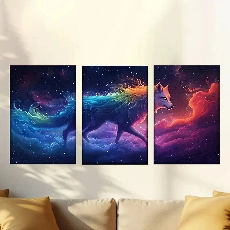 3pcs a wolf with a colorful mane in the sky Wall Art Set Canvas Framed 50x70cm - High Quality Print 100% Australian Made Wall Canvas Ready to Hang - Bella Home Decor