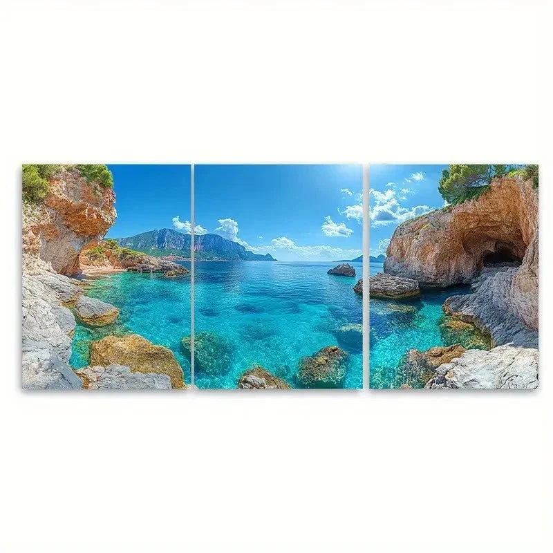 3pcs Vast Blue Seascape Caccia Italy O  Wall Art Set Canvas Framed 60x90cm - High Quality Print 100% Australian Made Wall Canvas Ready to Hang - Bella Home Decor
