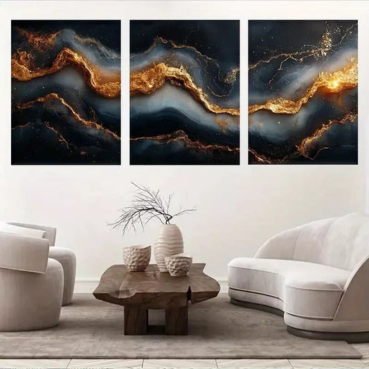 3pcs Modern Marble-Like Design with Golden Veins Wall Art Set Canvas Framed 50x70cm - High Quality Print 100% Australian Made Wall Canvas Ready to Hang
