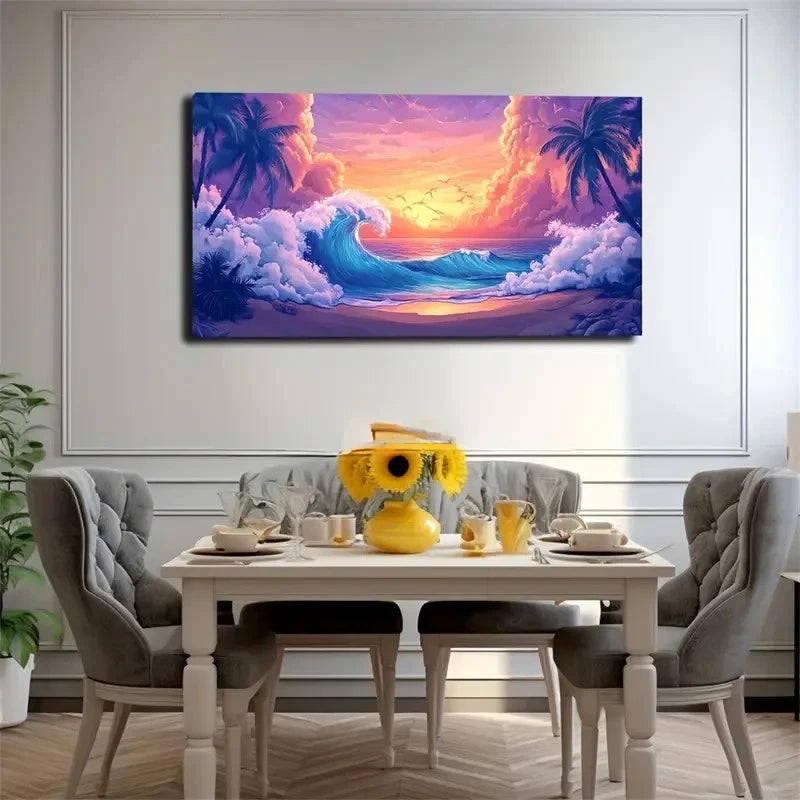 Vibrant Sunset Beach Scene Wall Art Canvas Office Home Room Framed 120x60cm