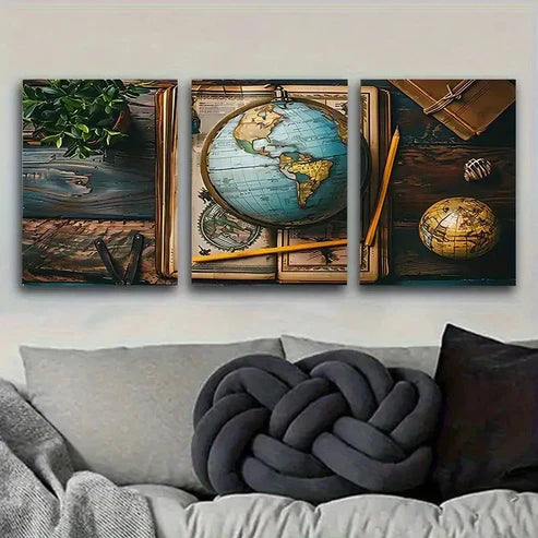 3pcs Vintage Globe And Map Wall Art Set Canvas Unframed - High Quality Print 100% Australian Made Wall Canvas - Bella Home Decor