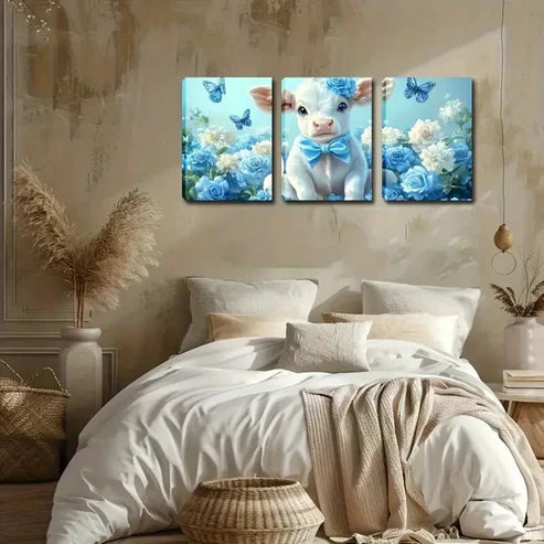 3pcs Blue Flowers Butterfly And Cute Calf  Wall Art Set Canvas Unframed - High Quality Print 100% Australian Made Wall Canvas - Bella Home Decor