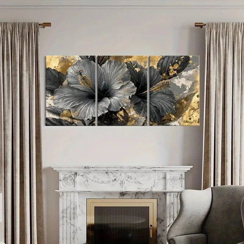 3pcs Elegant Golden Floral Art, Abstract Design Wall Art Set Canvas Framed 40x60cm - High Quality Print 100% Australian Made Wall Canvas Ready to Hang