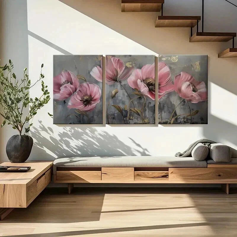 3pcs Abstract Pink Golden Flowers Vintage Wall Art Set Canvas Framed 40x60cm - High Quality Print 100% Australian Made Wall Canvas Ready to Hang - Bella Home Decor