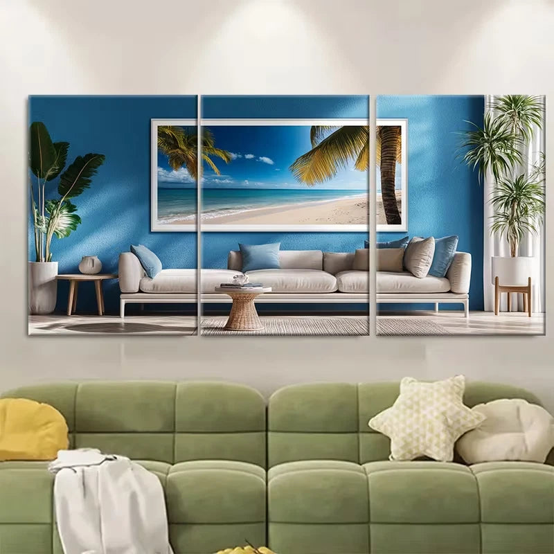 3pcs Caribbean Scene with Palm Trees & Ocean View Metal Print Ready to Hang Art - Bella Home Decor
