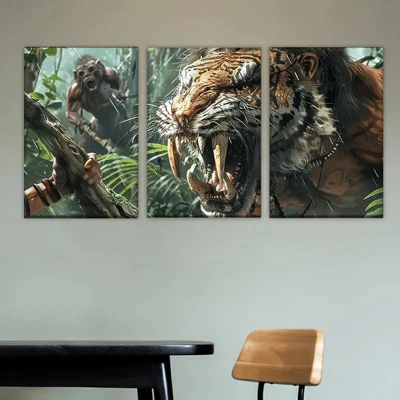 3pcs Abstract Depiction of a Saber-Toothed Tiger Wall Art Set Canvas Framed 60x90cm - High Quality Print 100% Australian Made Wall Canvas Ready to Hang - Bella Home Decor