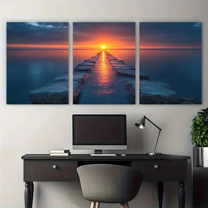 3pcs Serene Coastal Jetty Sunset Canvas  Wall Art Set Canvas Framed 60x90cm - High Quality Print 100% Australian Made Wall Canvas Ready to Hang