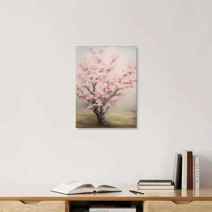 Framed artwork of a cherry blossom tree on a wall above a shelf with books.