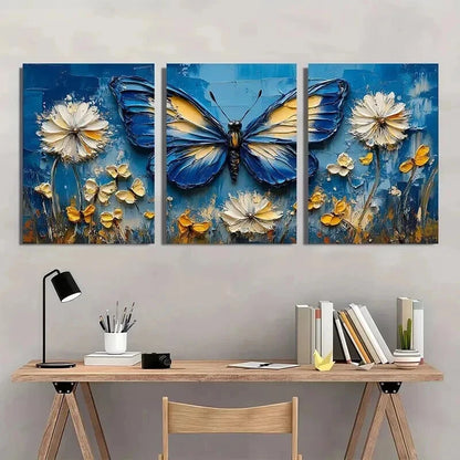 3pcs Blue Butterflies & Dandelion Flowers Wall Art Set Canvas Framed 60x90cm - High Quality Print 100% Australian Made Wall Canvas Ready to Hang - Bella Home Decor