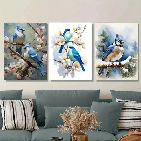 3pcs Blue Birds On Cherry Blossom Modern Classic Wall Art Set Canvas Unframed - High Quality Print 100% Australian Made Wall Canvas - Bella Home Decor