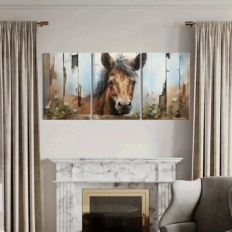 3pcs Rustic Fence Flowers & Horse Landscape Metal Print Ready to Hang Art - Bella Home Decor