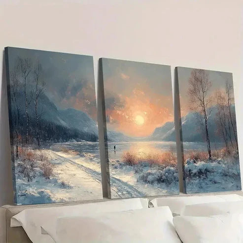 3pcs Snowy Mountain River Scene with Bare Trees Wall Art Set Canvas Unframed - High Quality Print 100% Australian Made Wall Canvas