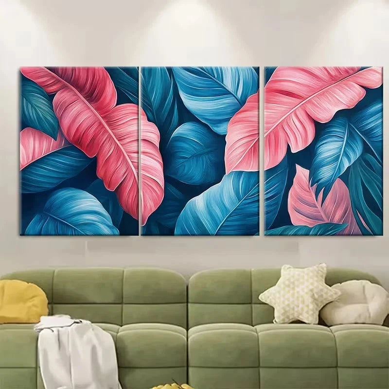 3pcs Bright Pink Blue Teal Exotic Leaves Wall Art Set Canvas Framed 40x60cm - High Quality Print 100% Australian Made Wall Canvas Ready to Hang - Bella Home Decor