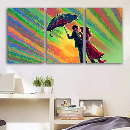3pcs Couple Under Rainbow Umbrella Scene Wall Art Set Canvas Framed 50x70cm - High Quality Print 100% Australian Made Wall Canvas Ready to Hang - Bella Home Decor