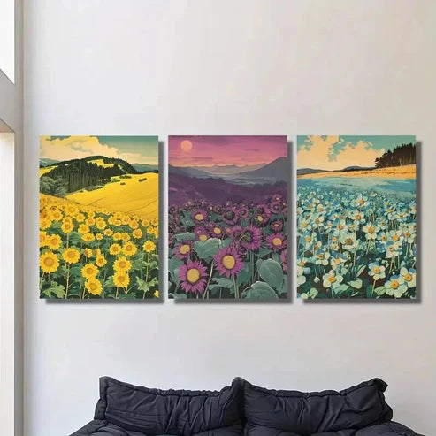 3pcs Flower Fields with Mountain & Sky Wall Art Canvas Unframed - High Quality Print 100% Australian Made Wall Canvas - Bella Home Decor
