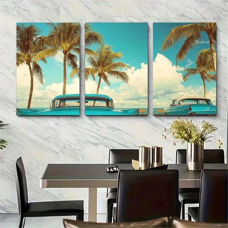 3pcs Classic Cars & Palm Trees Wooden Perfect Wall Art Set Canvas Framed 50x70cm - High Quality Print 100% Australian Made Wall Canvas Ready to Hang - Bella Home Decor