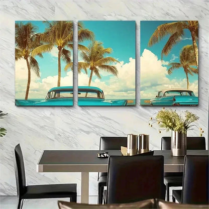 3pcs Classic Cars & Palm Trees Wooden Perfect Wall Art Set Canvas Framed 50x70cm - High Quality Print 100% Australian Made Wall Canvas Ready to Hang - Bella Home Decor