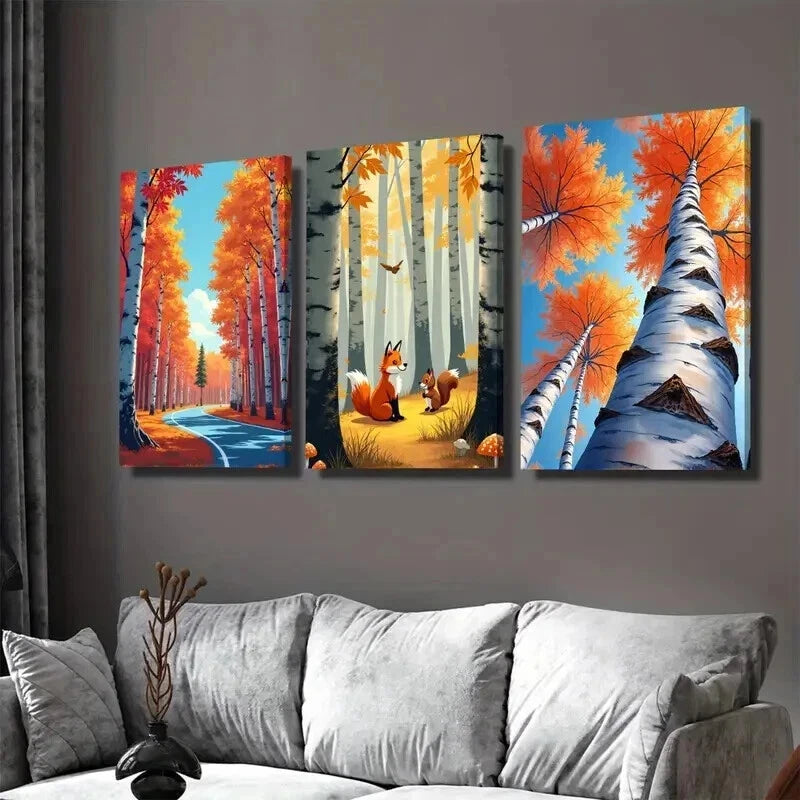 3pcs Autumn Forest Scene Fox and Squirrels Tree Wall Art Set Canvas Framed 50x70cm - High Quality Print 100% Australian Made Wall Canvas Ready to Hang
