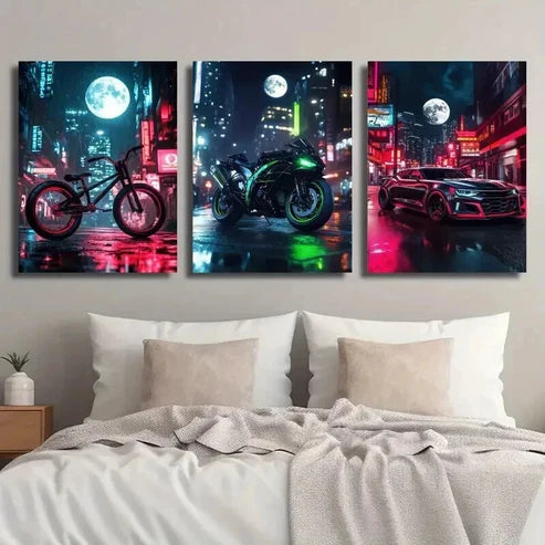3pcs Black & Green Motorcycle and Sports Wall Art Canvas Unframed - High Quality Print 100% Australian Made Wall Canvas - Bella Home Decor