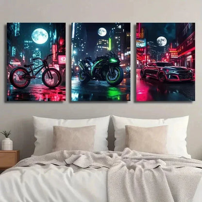 3pcs Black & Green Motorcycle and Sports Wall Art Canvas Unframed - High Quality Print 100% Australian Made Wall Canvas - Bella Home Decor