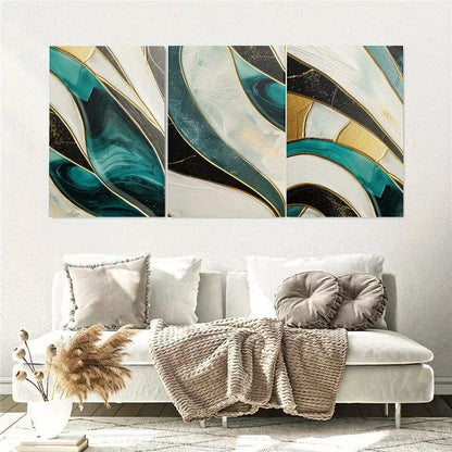 3pcs Abstract Golden & Green Geometric Wall Art Set Canvas Framed 40x60cm - High Quality Print 100% Australian Made Wall Canvas Ready to Hang - Bella Home Decor
