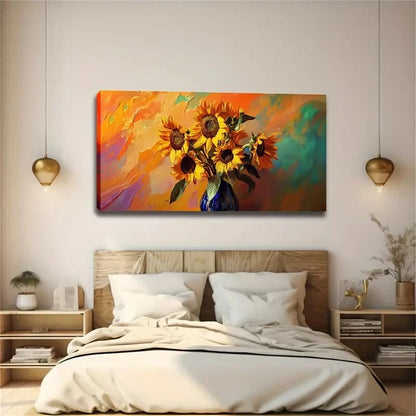 Seven Sunflowers Symbolizing Wall Art canvas office home room framed 120x60cm - Bella Home Decor