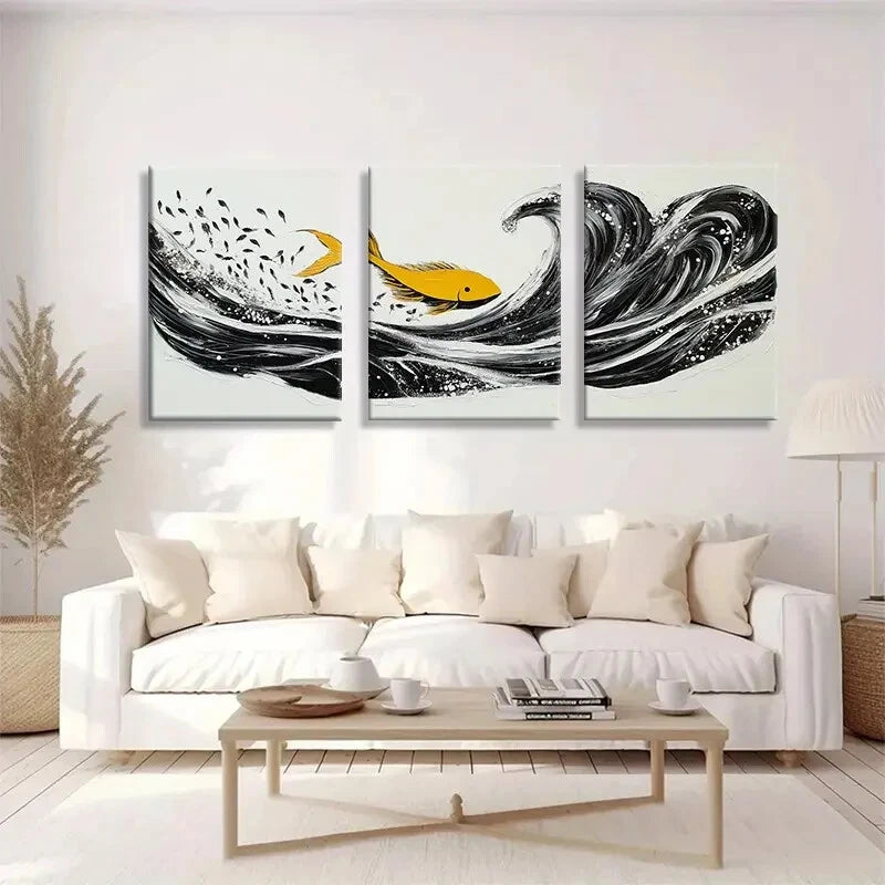 3pcs Modern Abstract Golden Fish Ocean Wave Metal Print Ready to Hang Art - Bella Home Decor