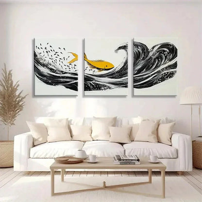 3pcs Modern Abstract Golden Fish Ocean Wave Metal Print Ready to Hang Art - Bella Home Decor