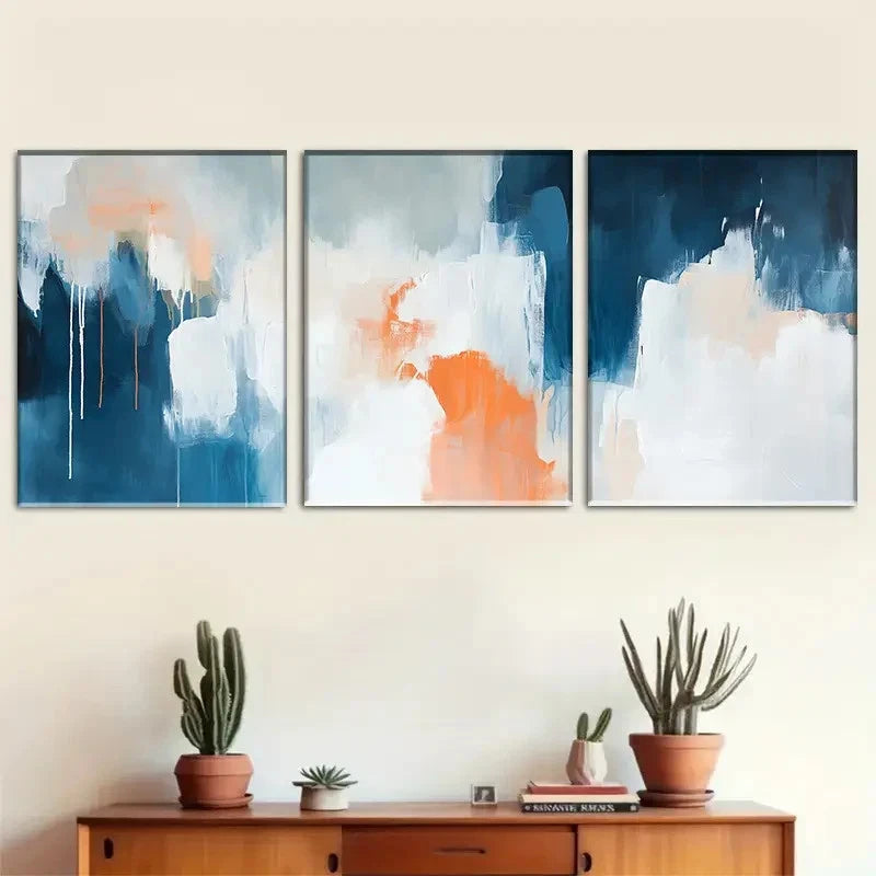 3pcs Abstract Blue Orange & White Metal Print Ready to Hang Art - Bella Home Decor