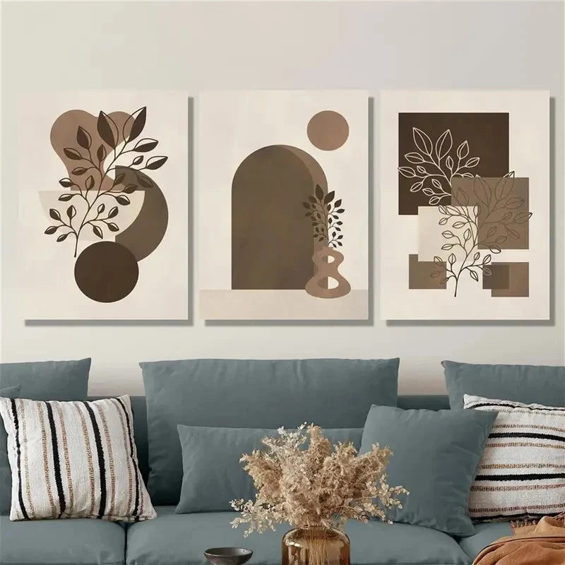 3pcs Geometric Shapes Botanical Leaves Metal Print Ready to Hang Art