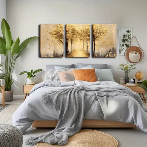3pcs Earthy Yellow Color And Fallen Leaves  Wall Art Set Canvas Unframed - High Quality Print 100% Australian Made Wall Canvas - Bella Home Decor