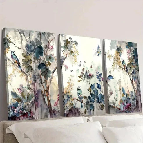 3pcs Modern Landscape with Trees Flowers Birds Wall Art Canvas Unframed – High Quality Print 100% Australian Made Wall Canvas
