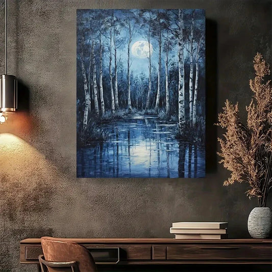 Beautiful Moonlit Forest Reflections Painting 40x60cm Metal Print Ready to Hang